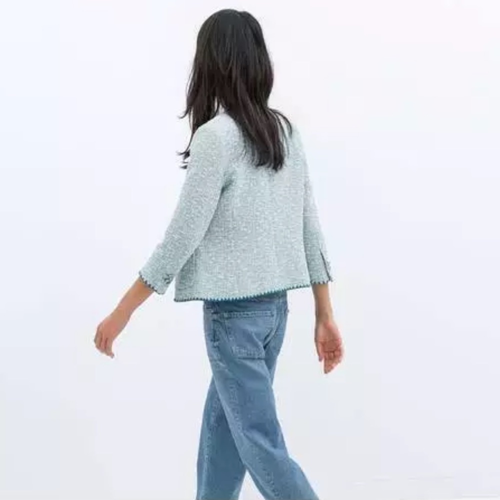 ZARA BLUE ECRU CONTRAST BLAZER TWEED WEAVE JACKET COAT SIZE S NEW - Picture 10 of 13